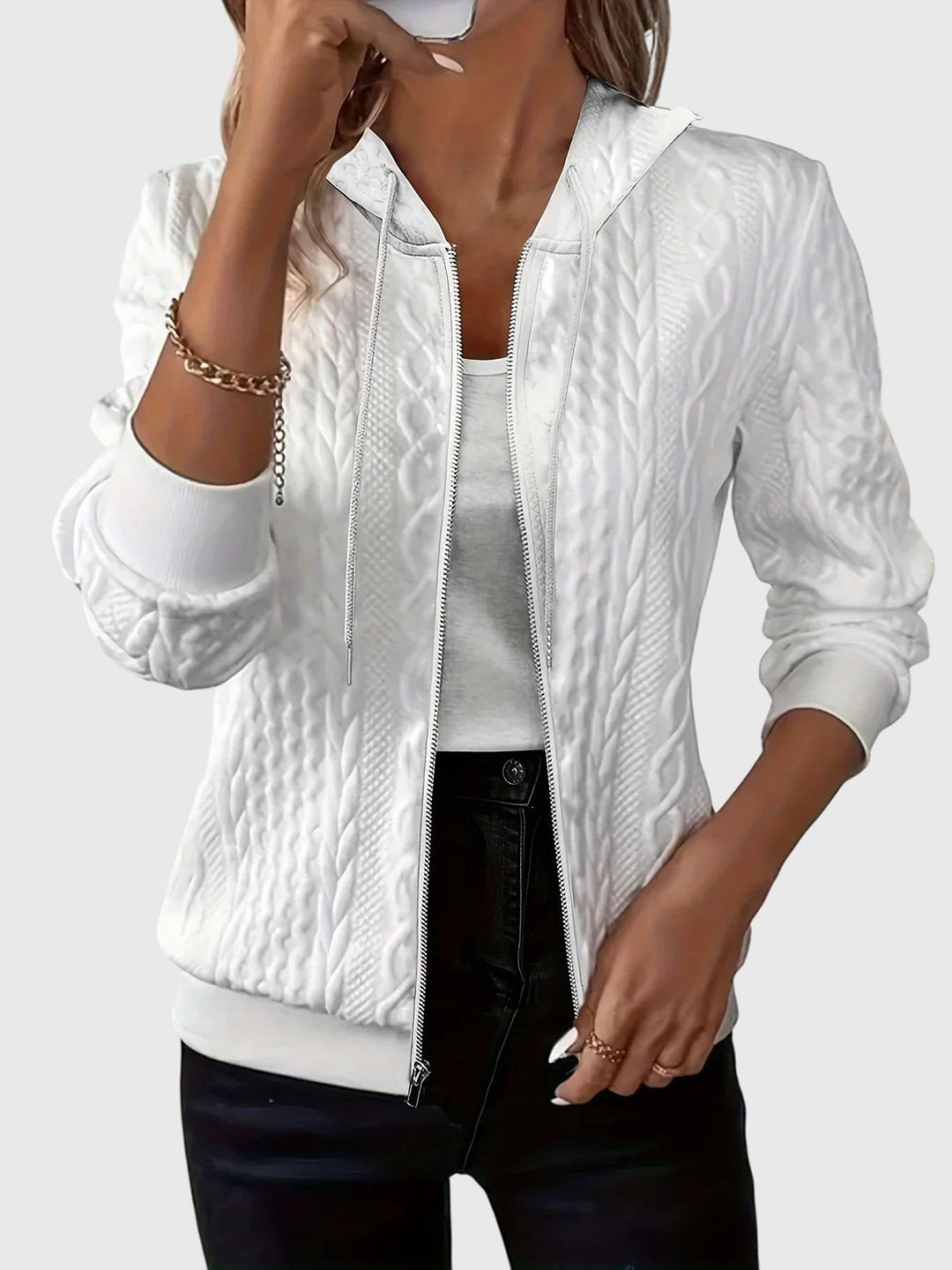 Women's hooded textured zip jacket with long sleeves and ribbed trims