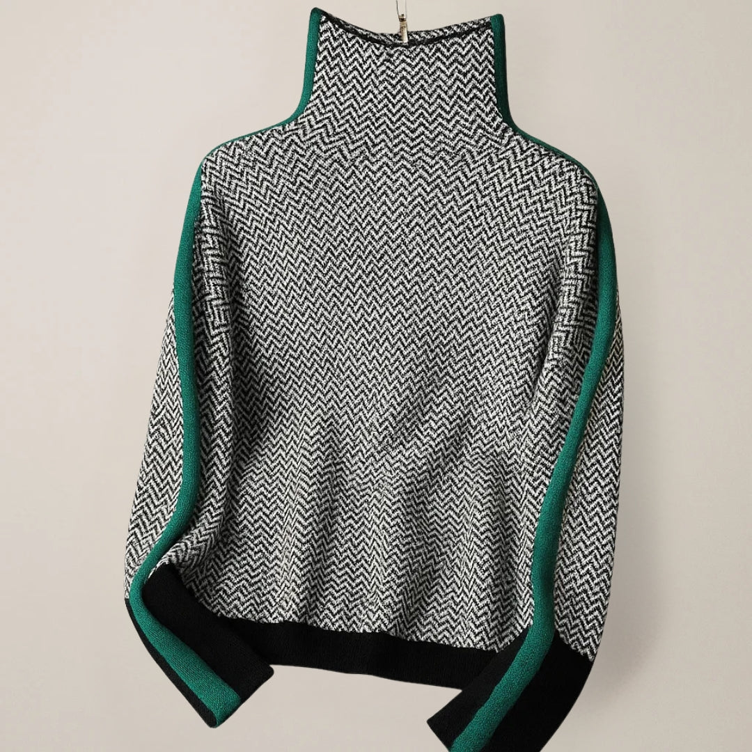 Women's herringbone turtleneck sweater with long sleeves and contrast trims