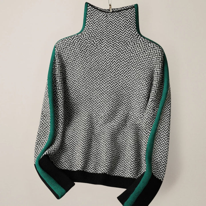 Women's herringbone turtleneck sweater with long sleeves and contrast trims