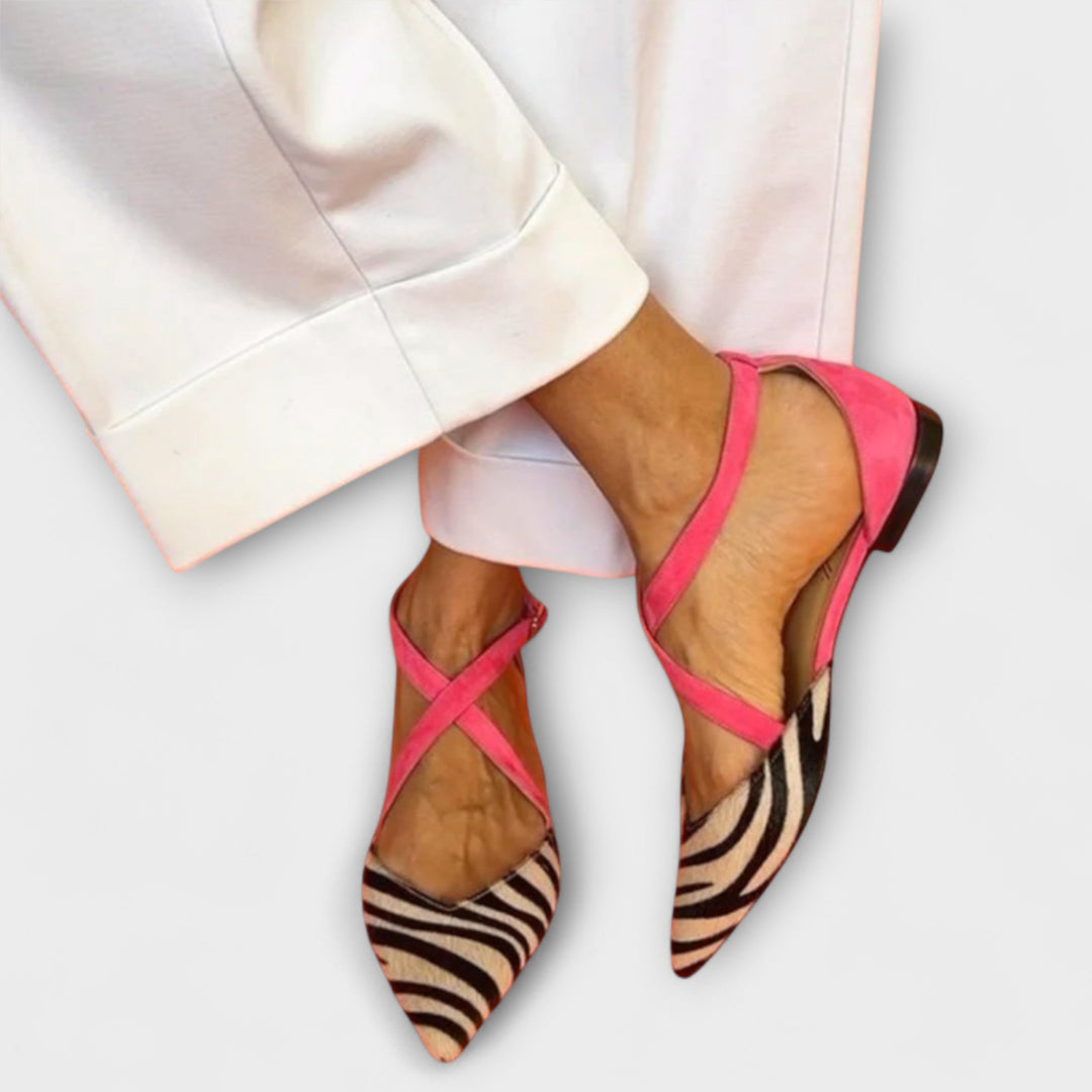 Women's pointed heels with cross straps, slingback straps and zebra pattern