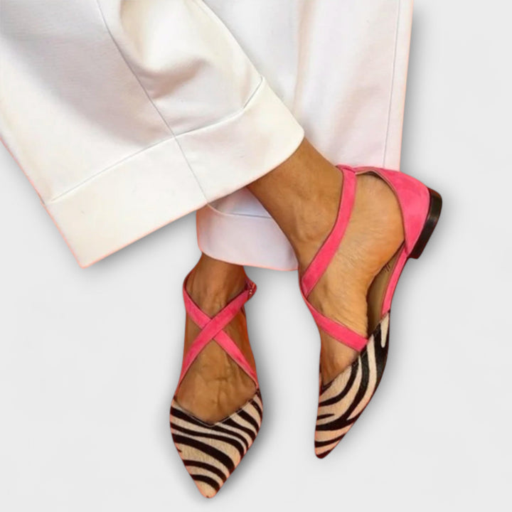 Women's pointed heels with cross straps, slingback straps and zebra pattern