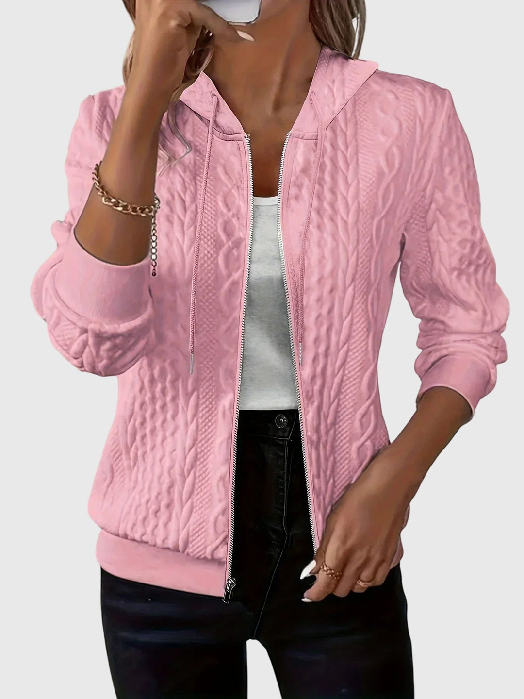 Women's hooded textured zip jacket with long sleeves and ribbed trims