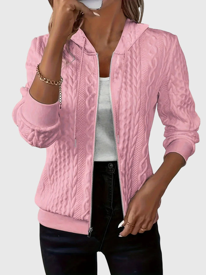 Women's hooded textured zip jacket with long sleeves and ribbed trims