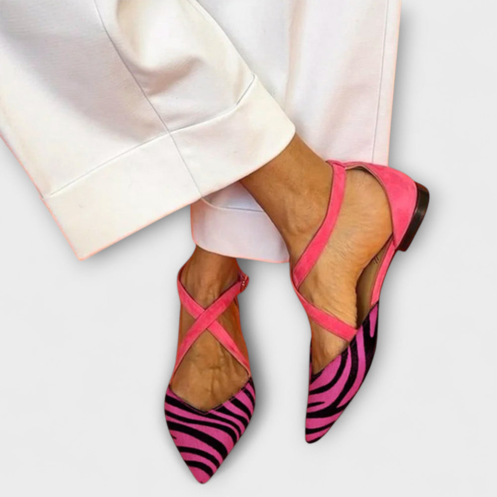Women's pointed heels with cross straps, slingback straps and zebra pattern