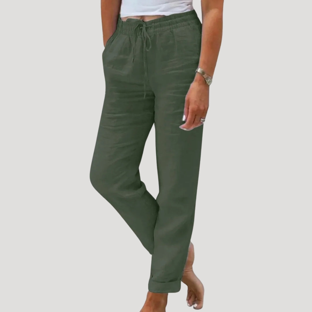 Women's straight leg cropped trousers with elastic drawstring waist and side pockets
