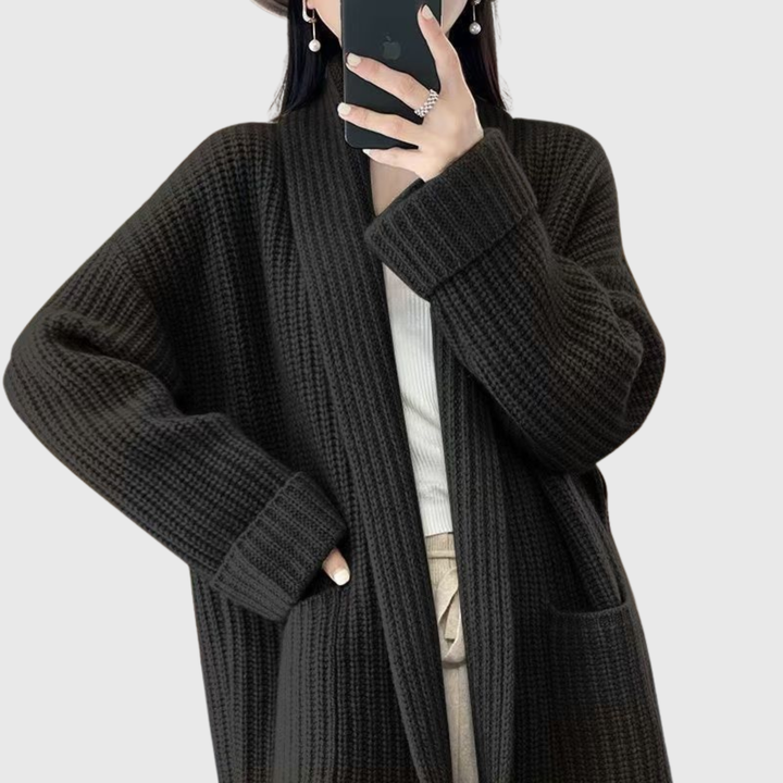 Women's textured longline cardigan with open front, long sleeves and front patch pockets