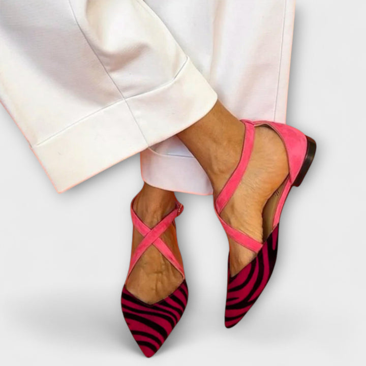 Women's pointed heels with cross straps, slingback straps and zebra pattern