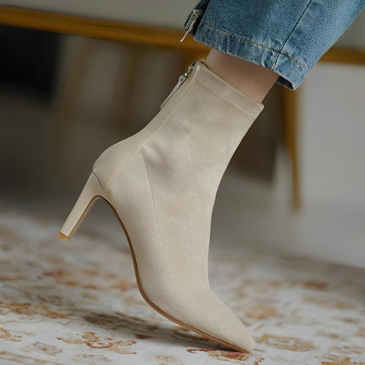 Women's pointed-toe ankle boots with high heels and side zips