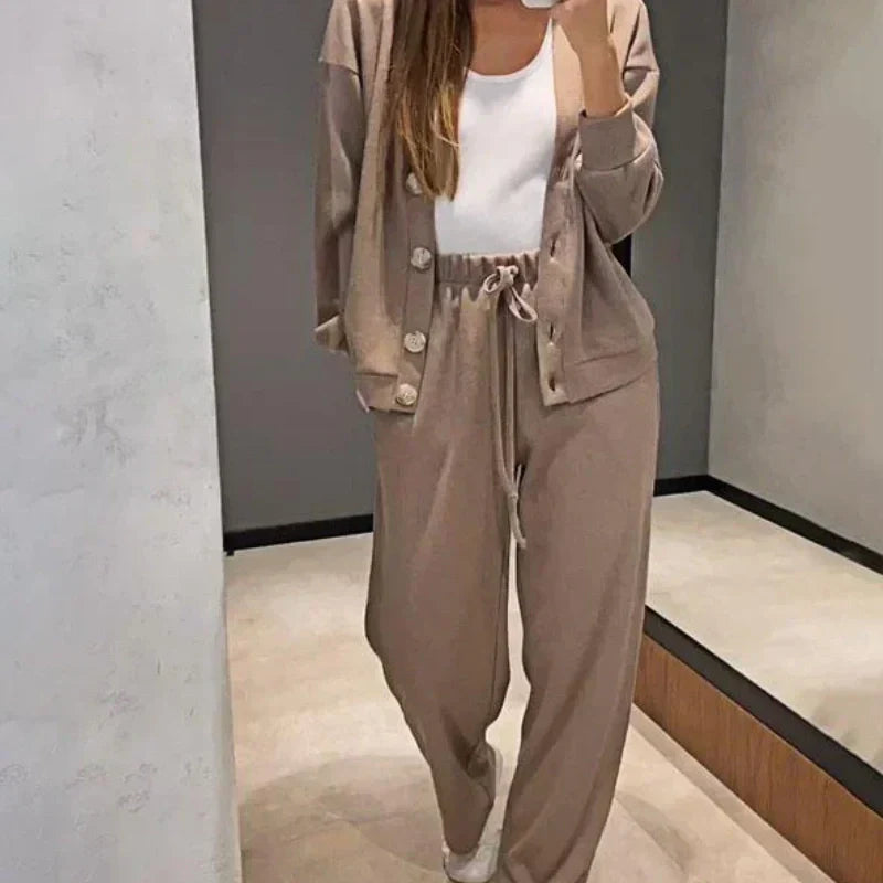 Women's long-sleeve V-neck cardigan and full-length trouser knit set