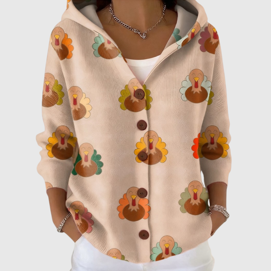 Women's beige hooded cardigan with colorful turkey print and button front