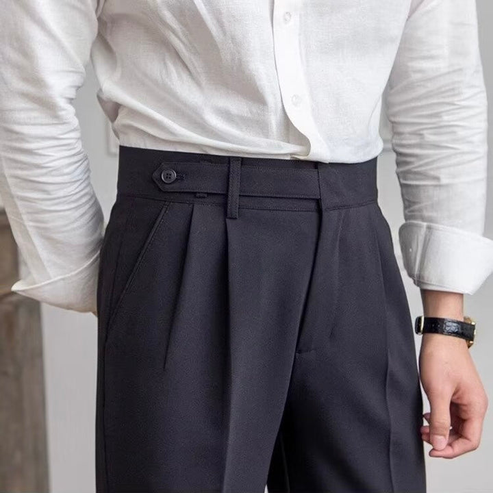 Women's high-rise pleated straight-leg trousers with belt loops and side pockets