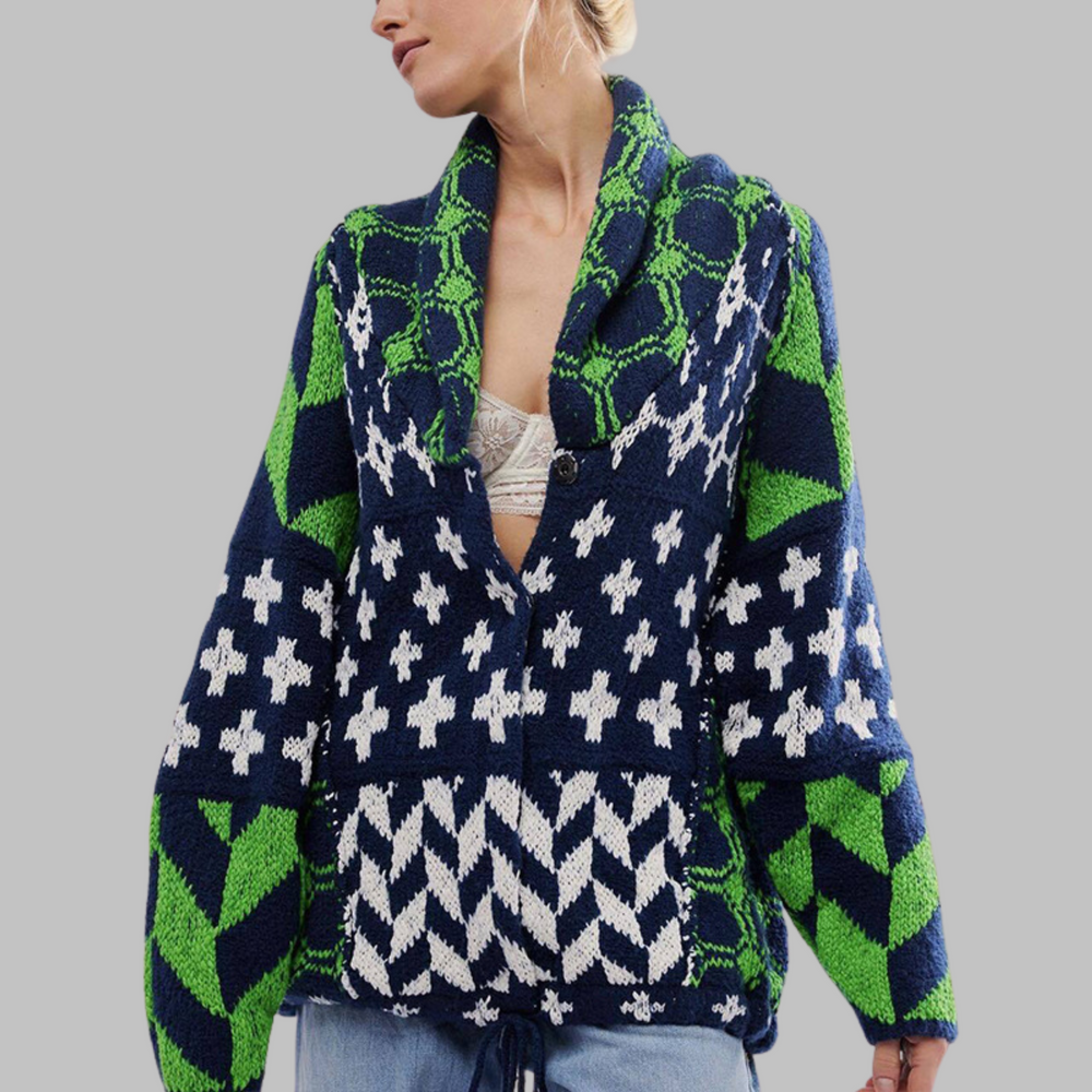 Women's oversized geometric button front cardigan with shawl collar and long sleeves