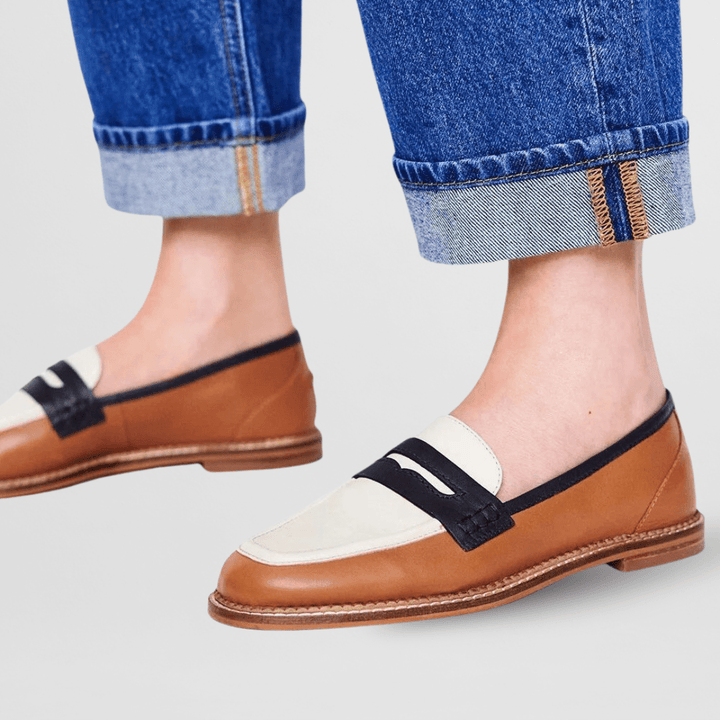 Women's color block slip-on loafers with flat soles and contrast vamp straps