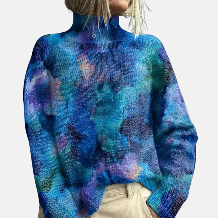 Women's long-sleeve patterned turtleneck jumper with ribbed trims