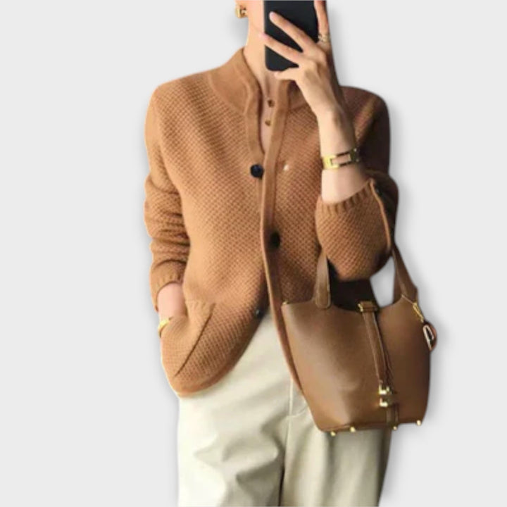 Women's textured button front cardigan with mock neckline and long sleeves