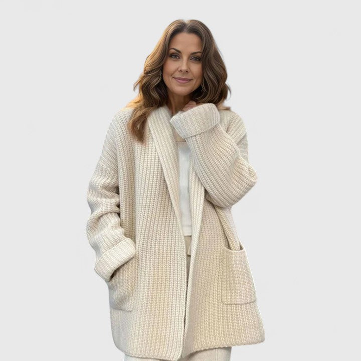 Women's textured longline cardigan with open front, long sleeves and front patch pockets