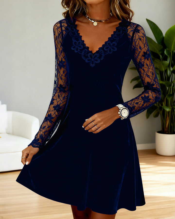 Women's A-line mini dress with floral lace sleeves and V-neck trim