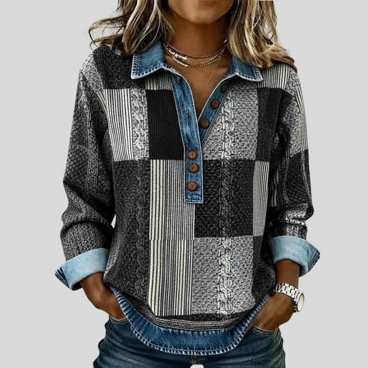 Women's patchwork collared sweatshirt with long sleeves and button placket