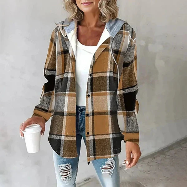 Women's checked hooded jacket with button front and long sleeves