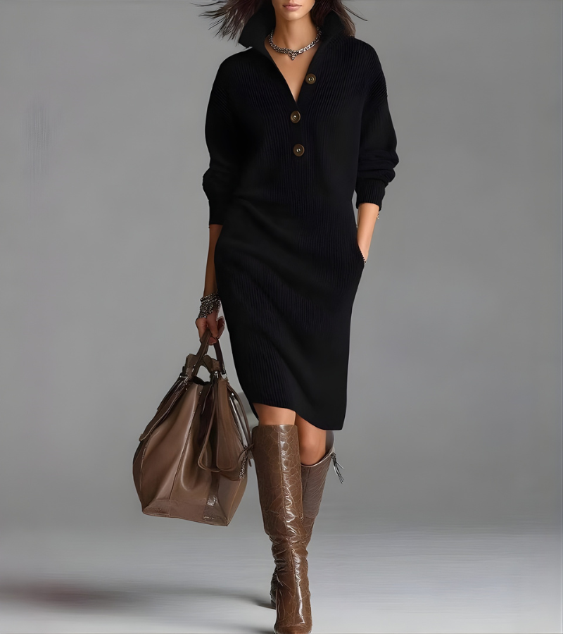 Women's ribbed knit midi dress with raised collar, button front and long sleeves