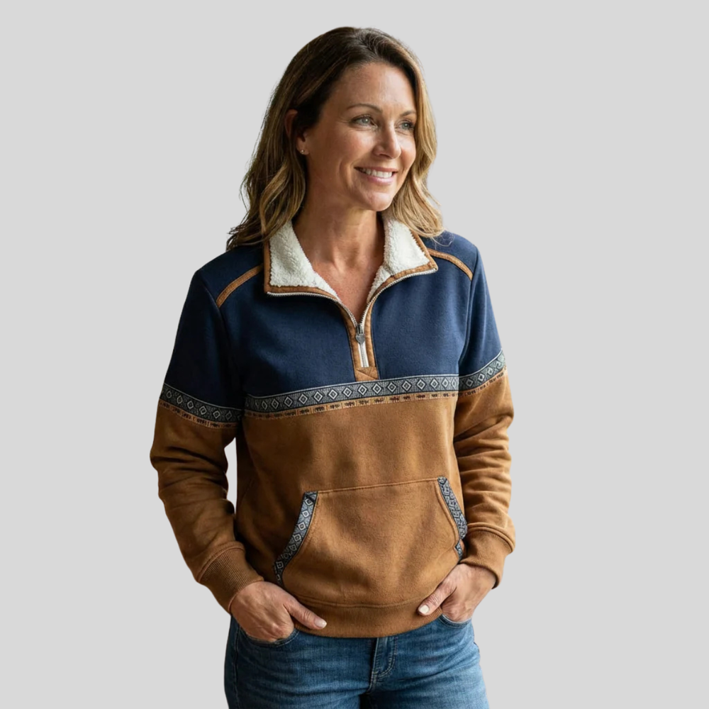 Women's half-zip pullover with sherpa collar, geometric trim and kangaroo pocket