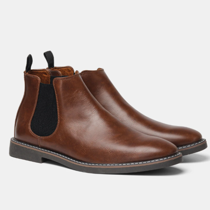 Chelsea ankle boots with elastic side panels, rear pull tabs and low heels