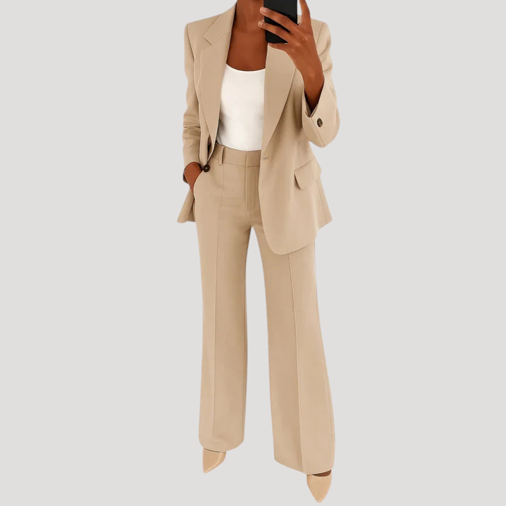 Women's tailored two-piece suit with notched blazer and straight-leg trousers