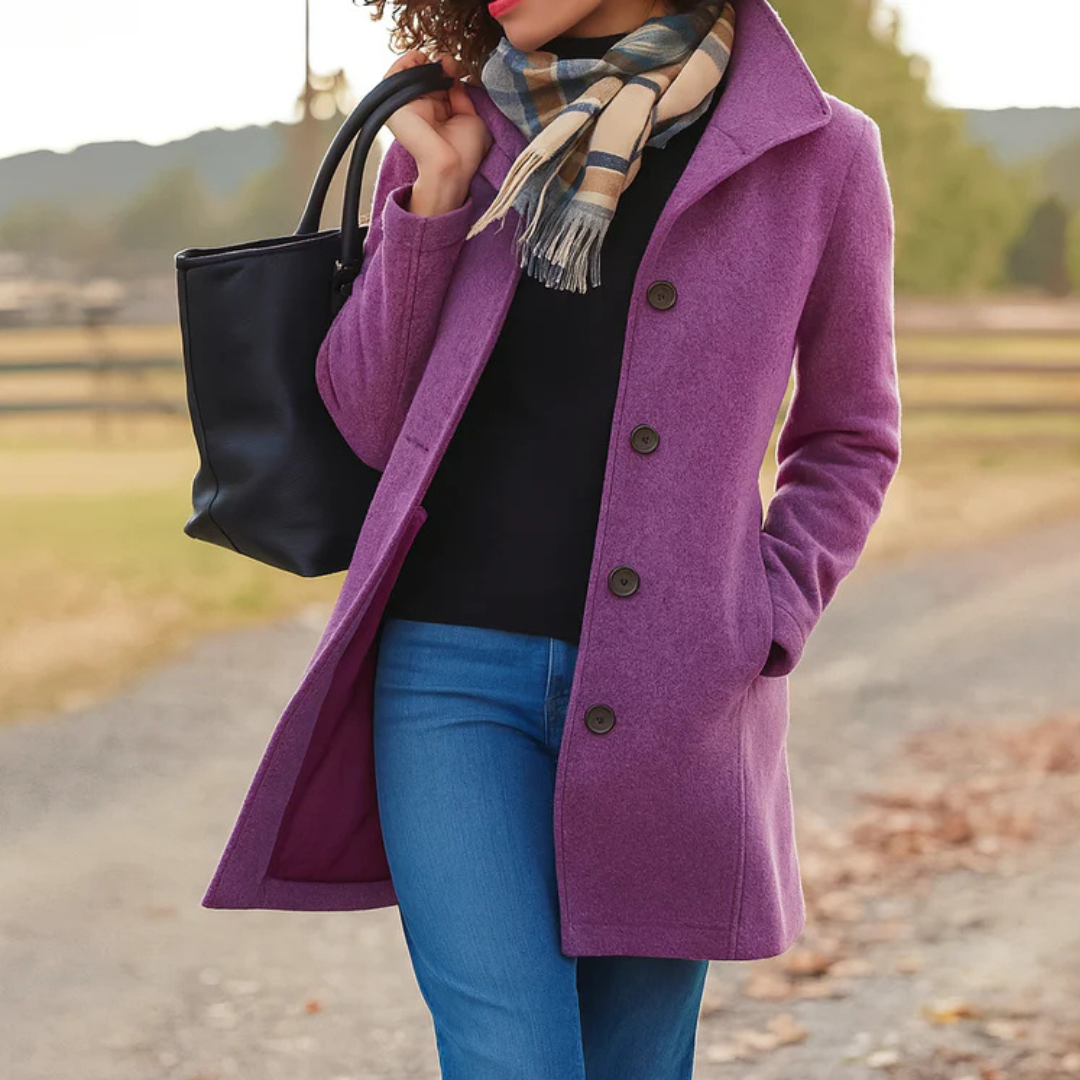 Women's textured button-front winter coat with notched lapels and side pockets