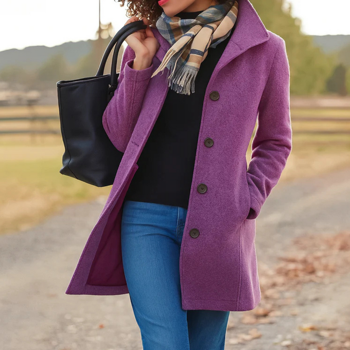 Women's textured button-front winter coat with notched lapels and side pockets