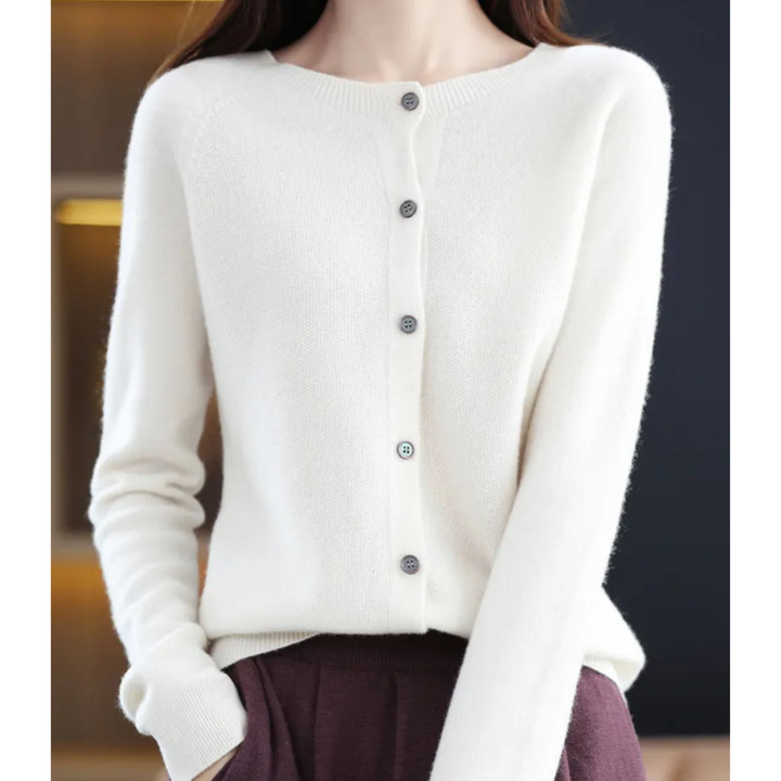 Women's plain crew neck button front cardigan with long sleeves