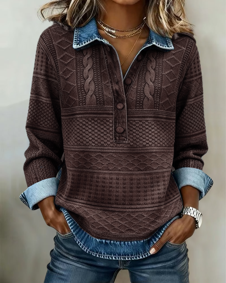 Women's textured collared sweatshirt with button placket and long sleeves