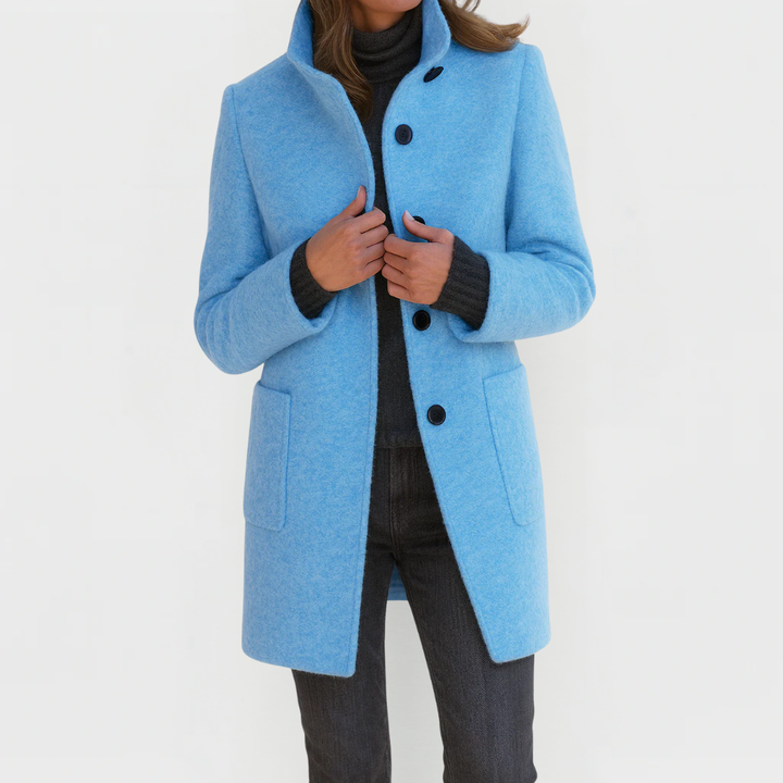 Women's structured longline coat with stand collar, button front and patch pockets