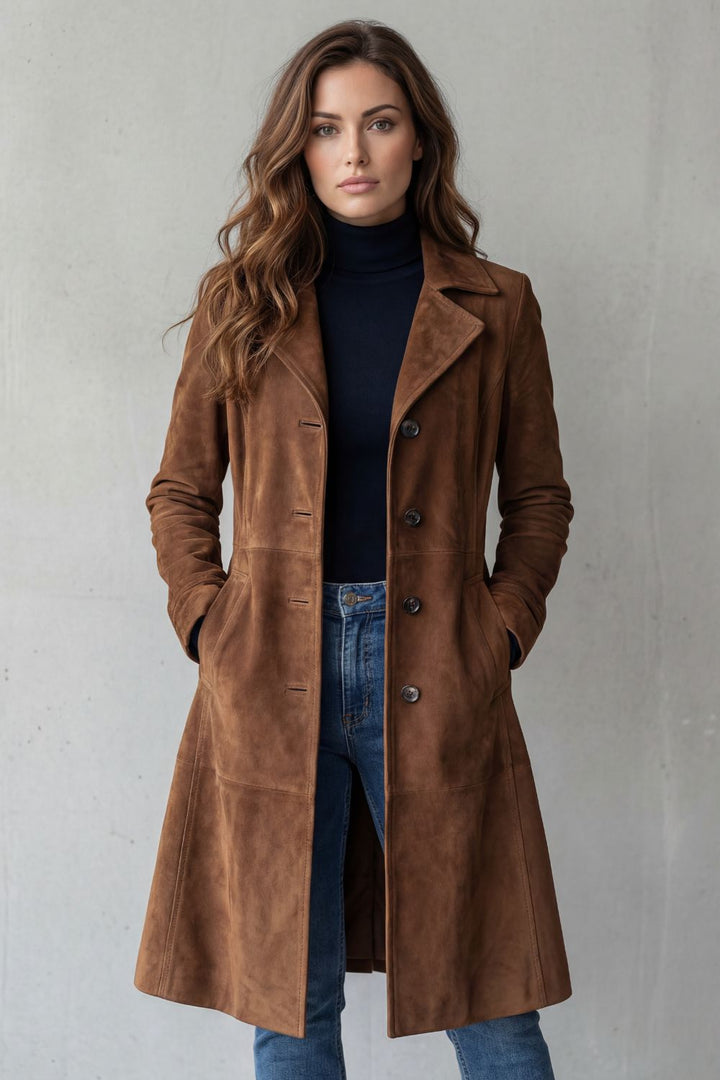 Women's longline coat with suede finish, notched lapels, buttons and front pockets
