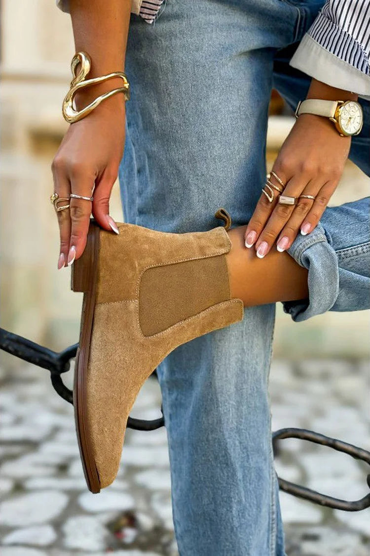 Women's khaki Chelsea ankle boots with rounded toes and elastic side panels