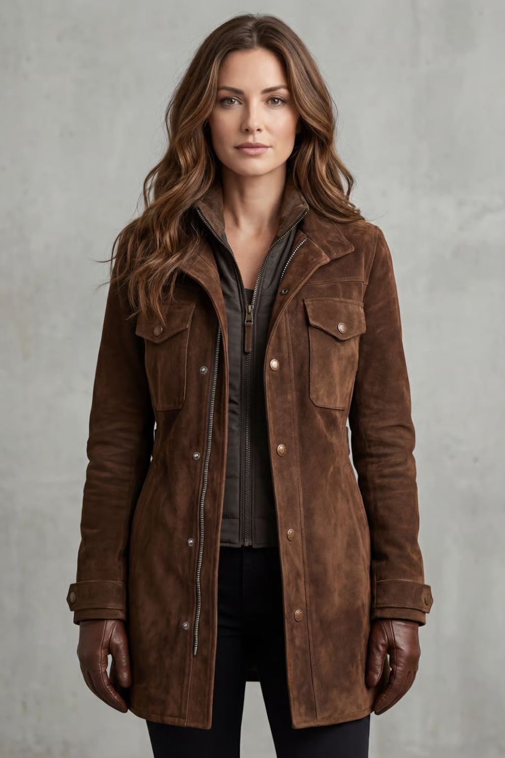 Women's brown longline coat with notched collar, button placket and flap pockets