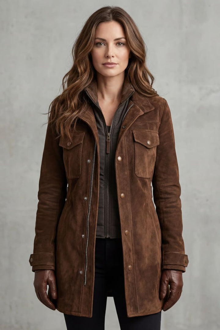 Women's brown longline coat with notched collar, button placket and flap pockets