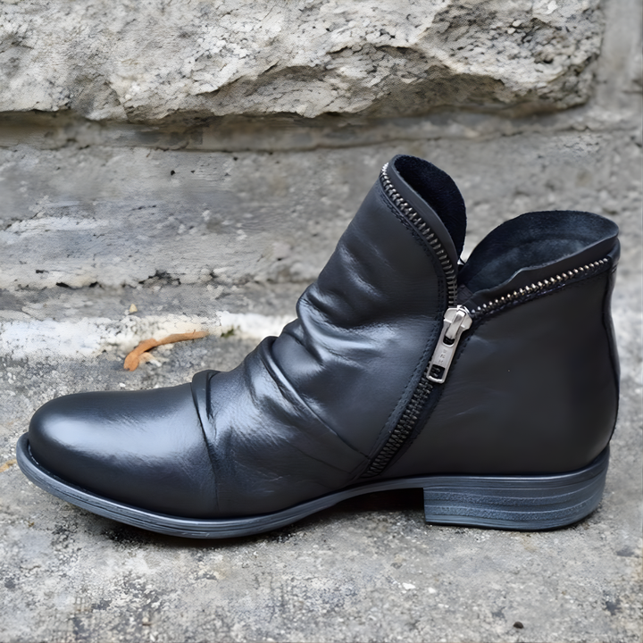 Women's ankle boots with ruched upper, side zipper and low heel