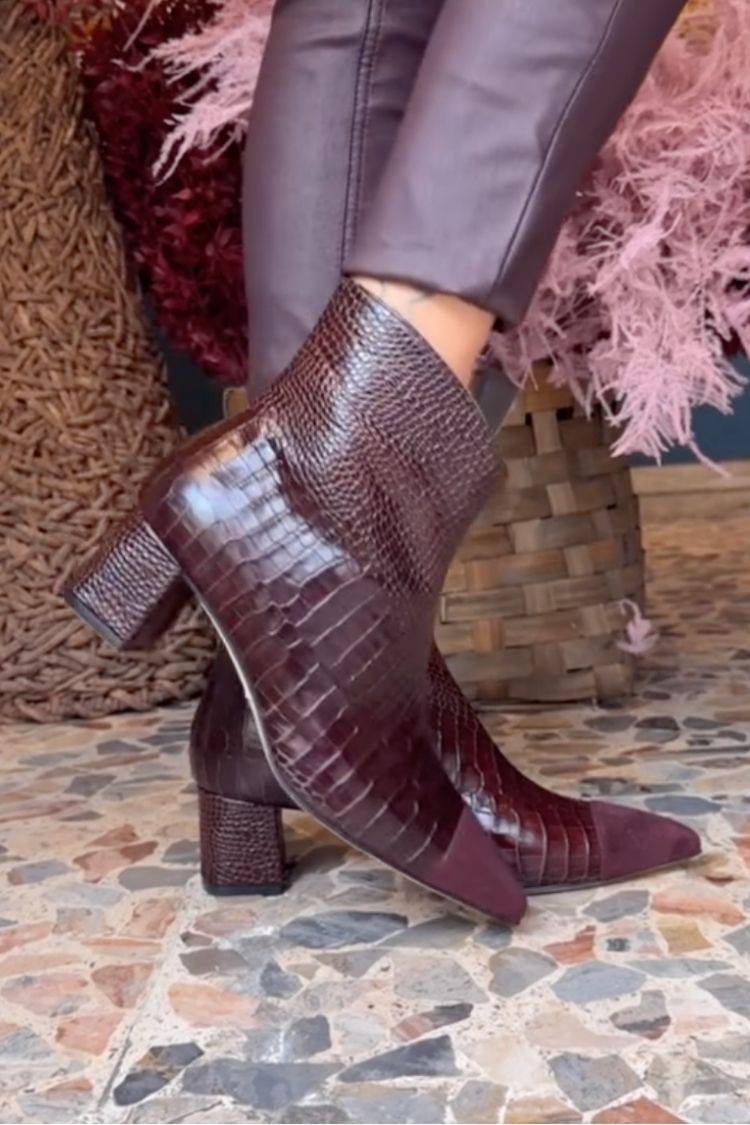Women's burgundy crocodile print pointed toe ankle boots with low block heels
