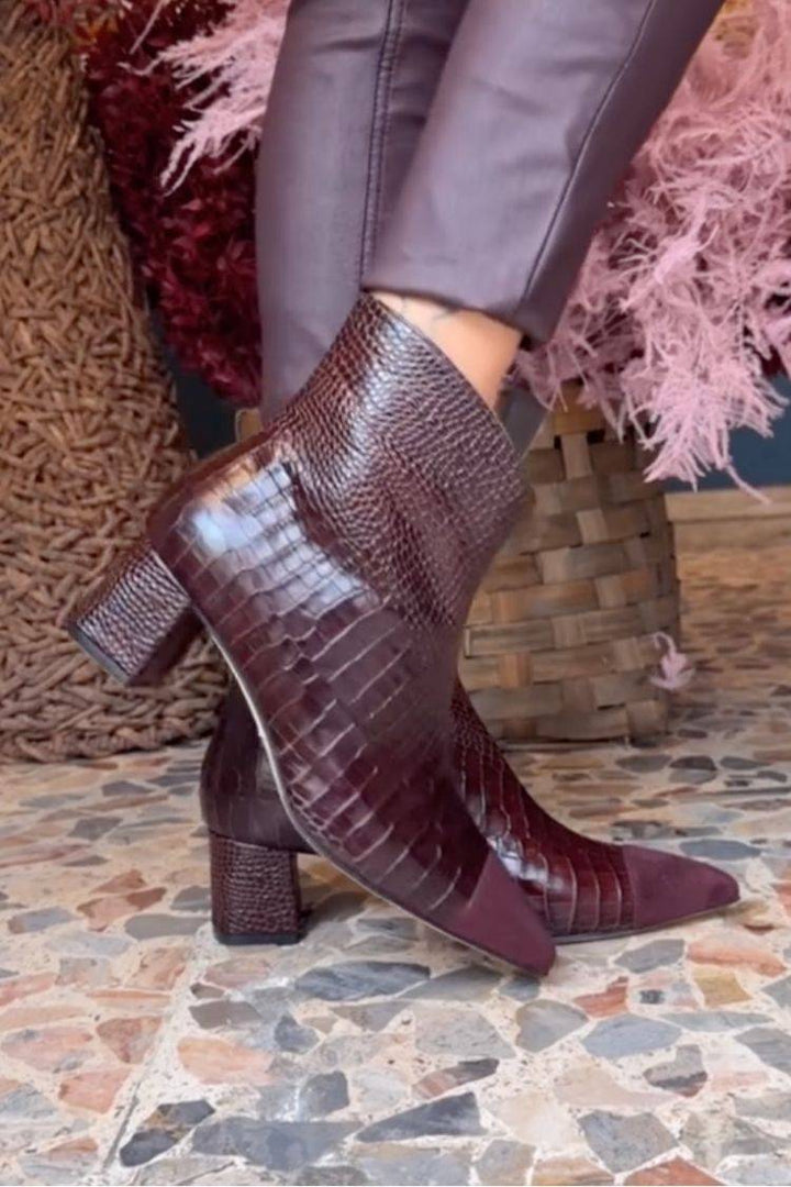 Women's burgundy crocodile print pointed toe ankle boots with low block heels