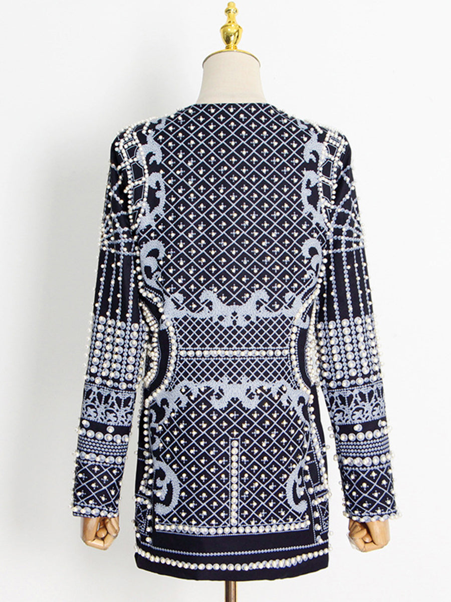Women's embellished geometric blazer with V-neck lapels and long sleeves
