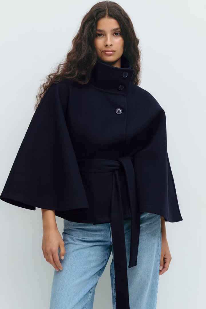 Women's belted cape coat with high collar and wide sleeves