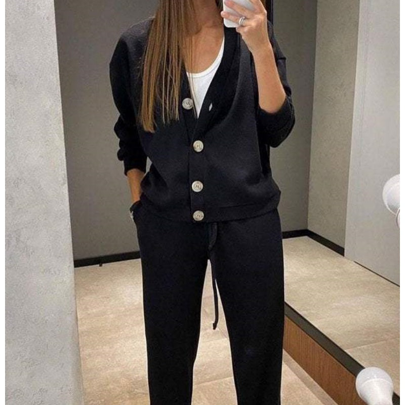 Women's long-sleeve V-neck cardigan and full-length trouser knit set