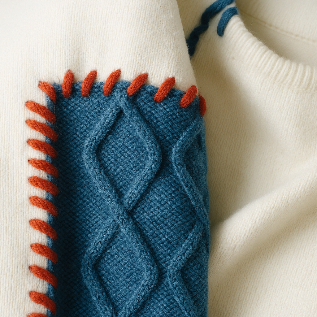 Women's patchwork cable knit sweater with crew neck and contrasting stitched panels
