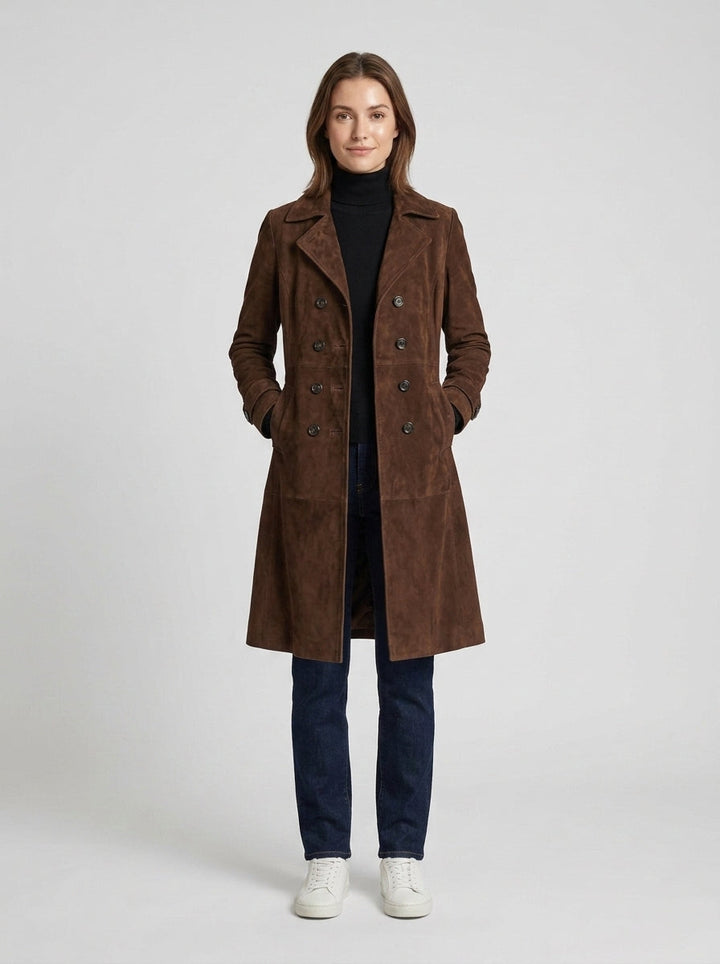 Women's longline button-front coat with notched lapels and side pockets