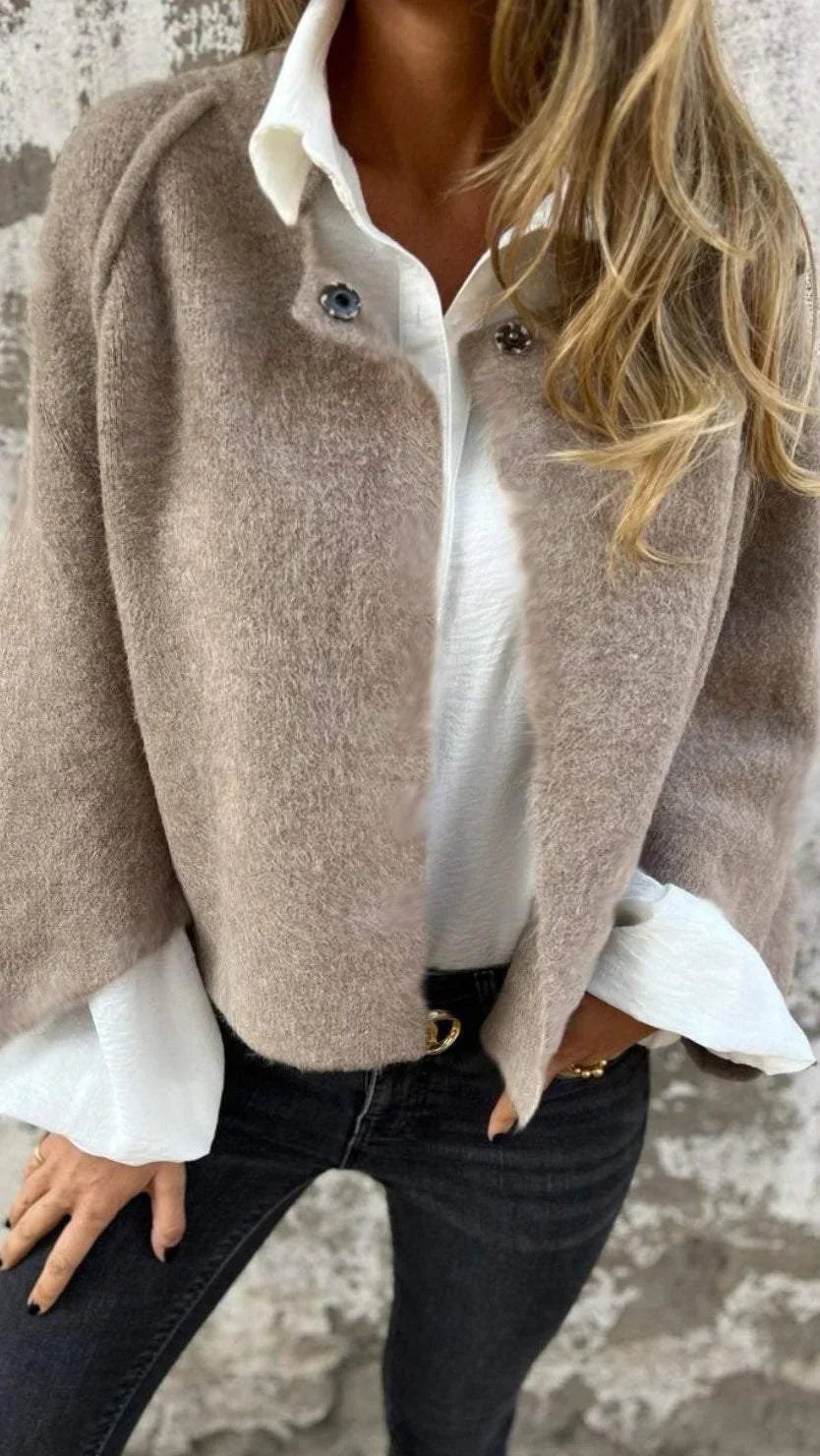 Women's long sleeve textured cropped jacket with snap front