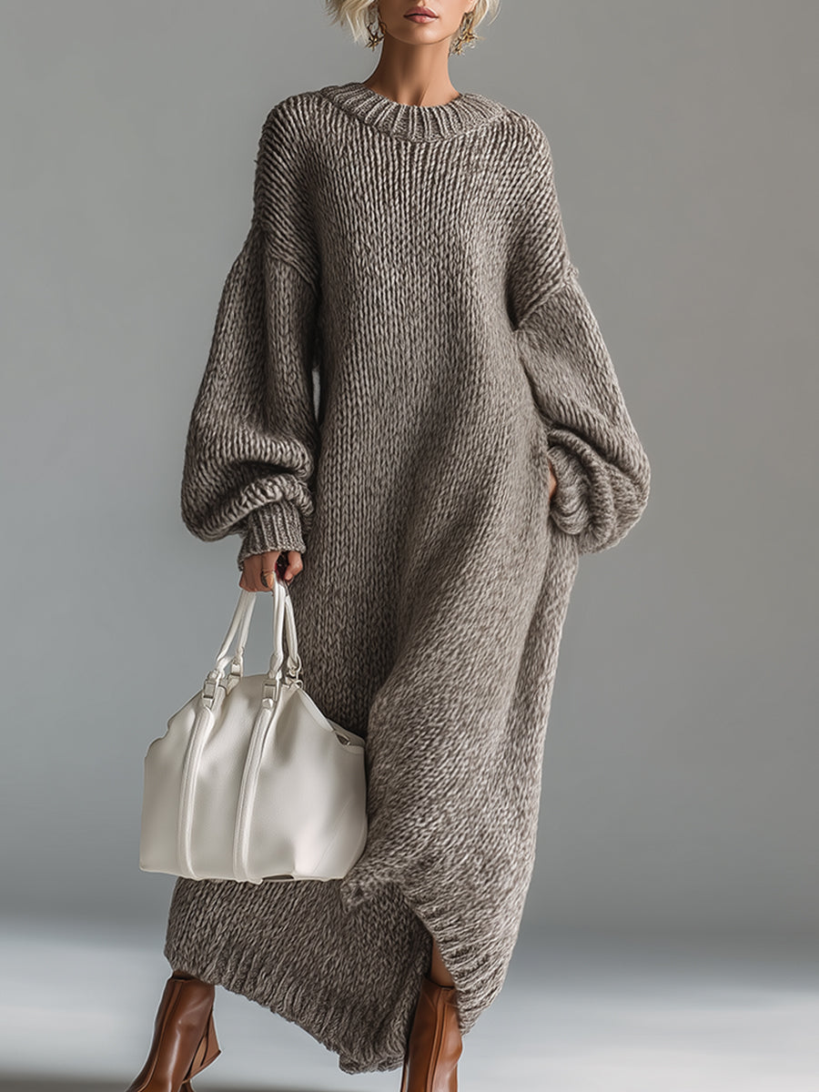 Women's textured knit maxi dress with crew neck and long balloon sleeves