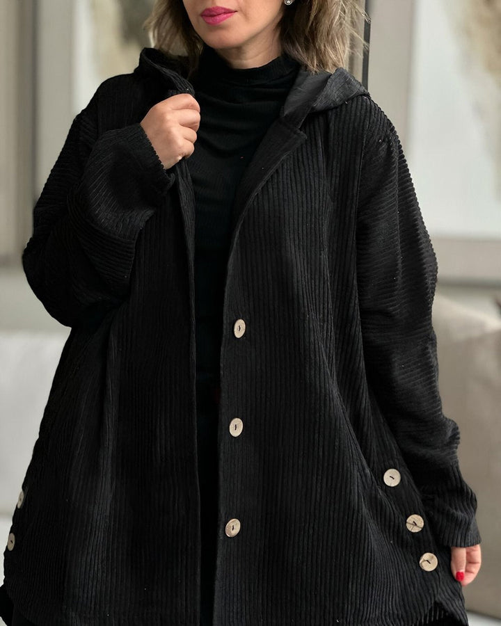 Women's hooded ribbed longline jacket with button front and angled pockets