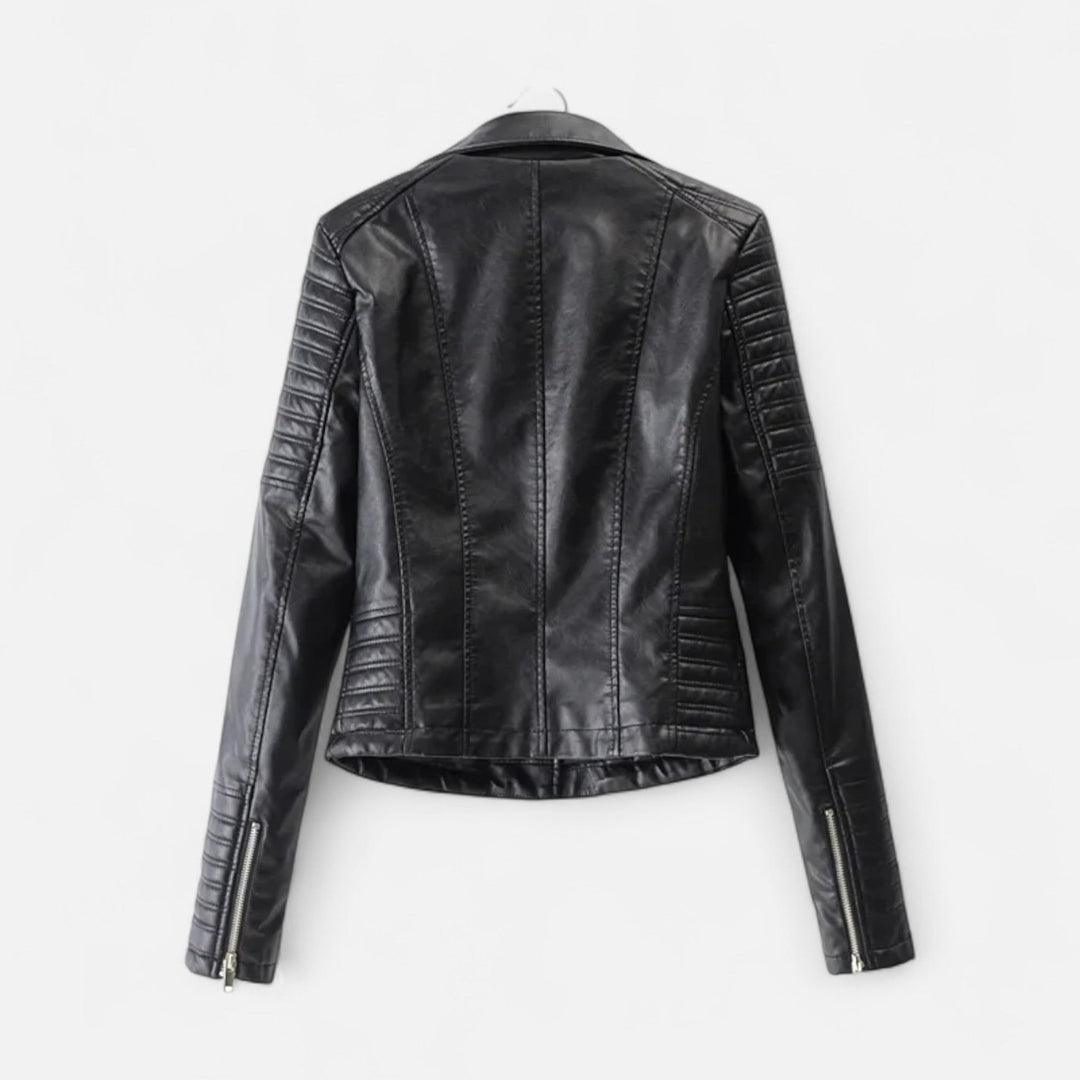 Women's black cropped biker jacket with asymmetric zipper and quilted sleeves