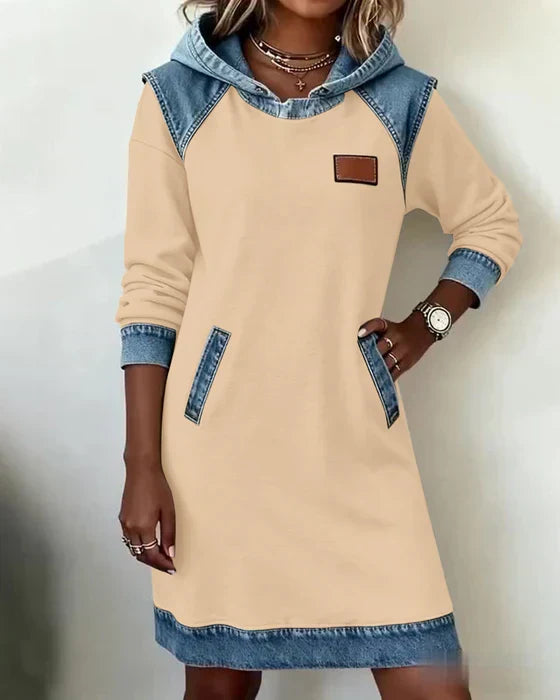 Women's hooded sweatshirt dress with long sleeves and contrast blue trim