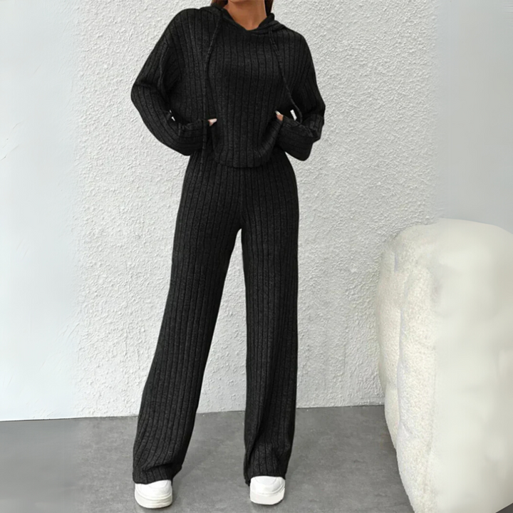 Women's Two-Piece Set | Ribbed Hooded Top and Matching Pants